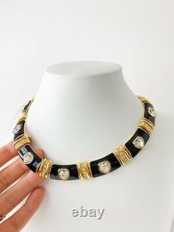 Authentic Monet Gold Tone Black Enamel Choker Necklace Heart Rhinestones Vintage