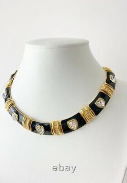 Authentic Monet Gold Tone Black Enamel Choker Necklace Heart Rhinestones Vintage
