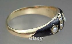 Beautiful Antique Victorian 9K Gold Black Enamel Pearl Stars Mourning Ring Sz 7