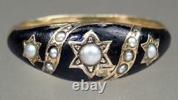 Beautiful Antique Victorian 9K Gold Black Enamel Pearl Stars Mourning Ring Sz 7