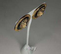 Black Enamel Gold Tone Vintage Clip On Lion Earrings