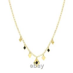 Black Enamel Rhombus Pendant Charm Necklace Solid 14K Real Gold Paper Clip Chain