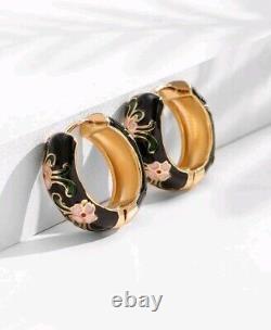 Black Floral Enamel Hoop Earrings Gold Plated Huggies Hand Painted Gift Her UK