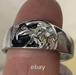 Black Hills Gold Rgc Black Enamel Sterling & 12k Yg Onyx Eagle Ring Size 11.5