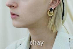 Black Hollow Out Circular Retro Clip On Earrings, Gold Plated, Swarovski Element