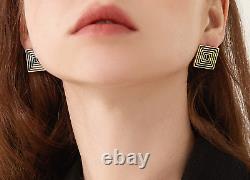 Black Maze Square Clip On Earrings, Gold Tone, Enamel, Swarovski Element Women