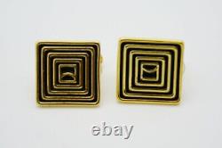 Black Maze Square Relief Enamel Clip On Earrings, Gold Tone, Swarovski Element