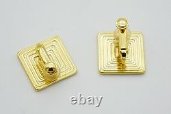 Black Maze Square Relief Enamel Clip On Earrings, Gold Tone, Swarovski Element