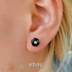 Black Onyx Diamond Stud Earrings 14K Yellow Gold Hexagon 6 Sided 2.01 TCW