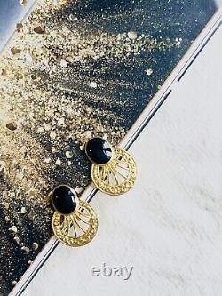 Black Oval Enamel Hollow Circle Fan Retro Elegant Clip Earrings, Gold, Women Her