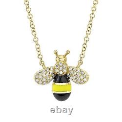 Black Yellow Enamel Diamond Bee Pendant Necklace 14K Gold Natural 0.09CT