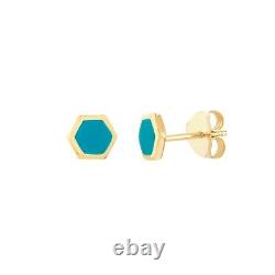 Blue Black White Enamel Stud Post Earrings Solid 14K Real Gold Hexagon Ear Studs