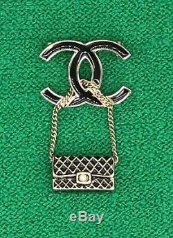 CHANEL CC Classic Flap Black Enamel Pearl Gold Brooch Pin Charm