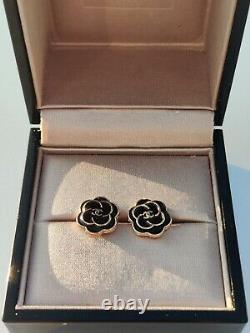 CHANEL CC Logo Pair Earrings Black Camellia Flower Gold (Authentic Chanel)