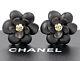 Chanel Camellia Button Earrings Black & Gold & Rhinestone Withbox M8774