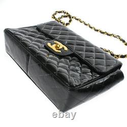 CHANEL Quilted Chain Shoulder Bag Large / Jumbo Enamel Leather Black Gold Good