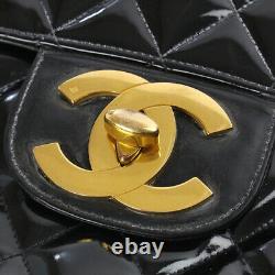 CHANEL Quilted Chain Shoulder Bag Large / Jumbo Enamel Leather Black Gold Good