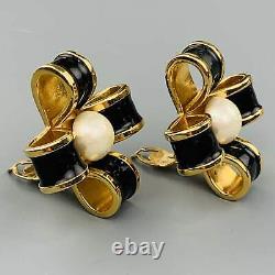 CHANEL VINTAGE Black & Gold Tone Enamel Pearl Bow Cross Clip On Earrings