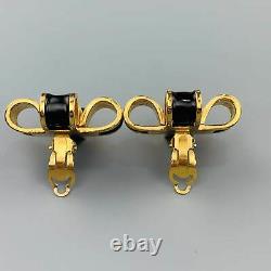 CHANEL VINTAGE Black & Gold Tone Enamel Pearl Bow Cross Clip On Earrings