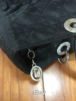 CHRISTIAN DIOR Lady Dior Cannage Tote Hand Bag Enamel x Nylon Black Gold Used