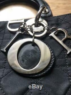 CHRISTIAN DIOR Lady Dior Cannage Tote Hand Bag Enamel x Nylon Black Gold Used
