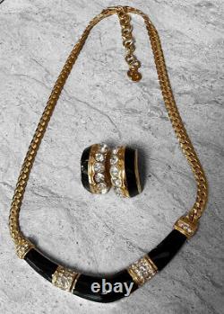 CHRISTIAN DIOR PARIS Black Enamel Gold NECKLACE EARRING SET Chain Vintage Gift