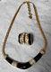 Christian Dior Paris Black Enamel Gold Necklace Earring Set Chain Vintage Gift