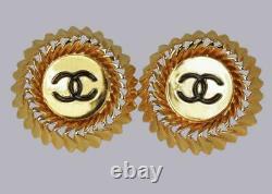 Chanel CC Earrings Huge 1.5 4cm Gold Tone & Black Enamel Vintage 1980's Clip On