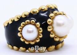 Chanel Paris 18 Kt Gold Black Enamel Ring With 3 Genuine Pearls Exceptional Rare