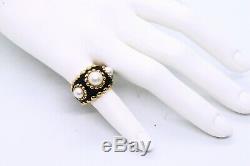 Chanel Paris 18 Kt Gold Black Enamel Ring With 3 Genuine Pearls Exceptional Rare