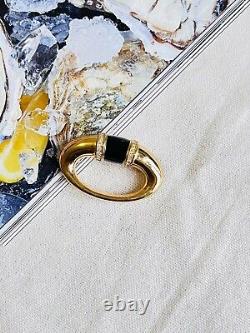 Christian Dior 1980s Vintage Oval Door Knock Enamel Black Crystals Brooch, Gold