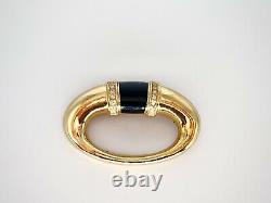 Christian Dior 1980s Vintage Oval Enamel Black Crystals Brooch, Gold Plated Tone