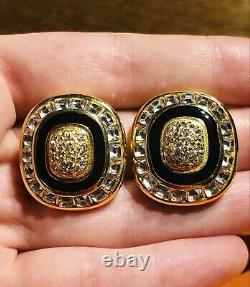 Christian Dior Gold Plated Black Enamel Crystal Earrings