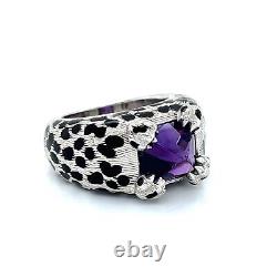 Christian Dior Leopard Amethyst Enamel Black Spots 18k White Gold Ring Size 51