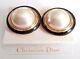 Christian Dior Signed Clip Earrings Gold Plated With Faux Pearl & Black Enamel