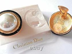 Christian Dior Signed Clip Earrings Gold Plated with Faux Pearl & Black Enamel