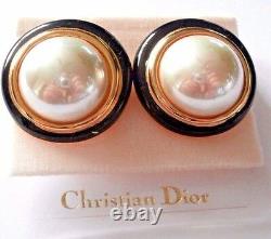 Christian Dior Signed Clip Earrings Gold Plated with Faux Pearl & Black Enamel