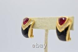 Christian Dior Signed Earrings Clip Red Crystal Black Enamel Gold Vintage BinAE