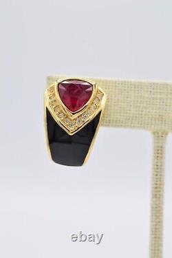Christian Dior Signed Earrings Clip Red Crystal Black Enamel Gold Vintage BinAE