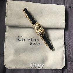 Christian Dior Signed Vintage Black Enamel With Crystal Knot Bar Brooch Mint