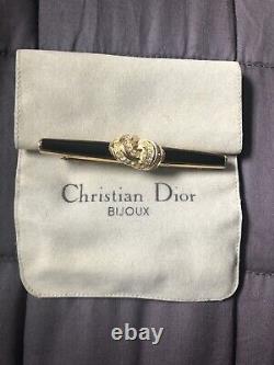 Christian Dior Signed Vintage Black Enamel With Crystal Knot Bar Brooch Mint