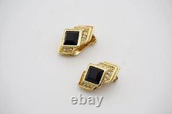 Christian Dior Vintage 1980s Black Cube Crystals Diamond Clip Earrings, Gold