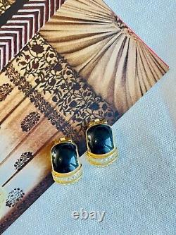 Christian Dior Vintage 1980s Black Enamel Crystals Oval Hoop Clip Earrings, Gold