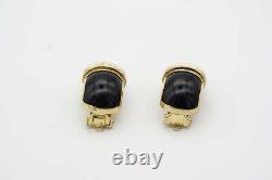 Christian Dior Vintage 1980s Black Enamel Crystals Oval Hoop Clip Earrings, Gold