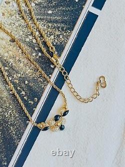 Christian Dior Vintage 1980s Black Enamel Flower Crystal Pendant Necklace, Gold