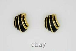 Christian Dior Vintage 1980s Black Enamel Shell Fan Retro Clip On, Earrings Gold