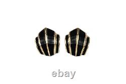 Christian Dior Vintage 1980s Black Enamel Shell Fan Retro Clip On, Earrings Gold