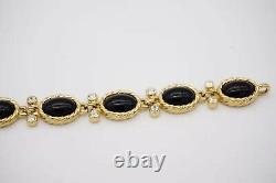 Christian Dior Vintage 1980s Black Onyx Oval Beaded White Crystal Bracelet, Gold