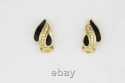 Christian Dior Vintage 1980s Crystals Black Enamel Clip On Earrings, Gold Plated