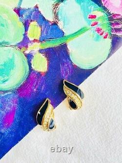 Christian Dior Vintage 1980s Crystals Black Enamel Leaf Clip On Earrings Gold